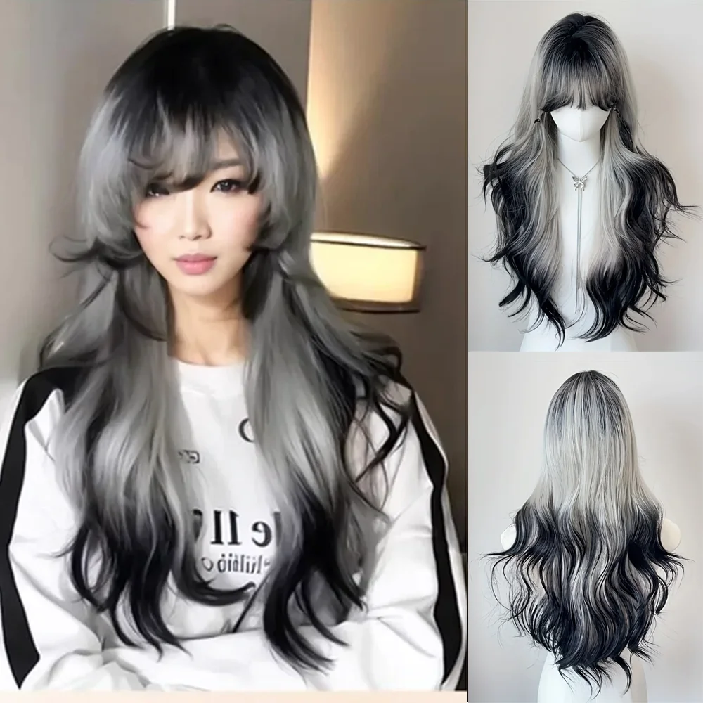 

27-дюймовая черная золотая синтетическая волнистая челка с эффектом омбре подходит для женских повседневных вечеринок, пушистых и термостойких париков Лолита