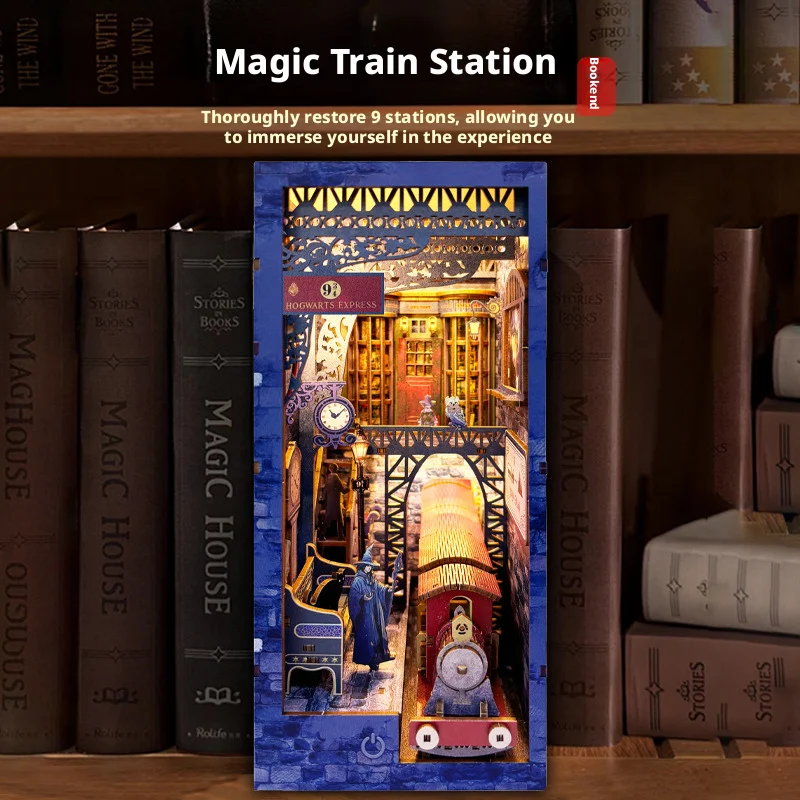 OUZEY DIY magisch thema trein stopboek hoekje -3D houten puzzel miniatuur model kit met beeldjes, uniek huisdecor