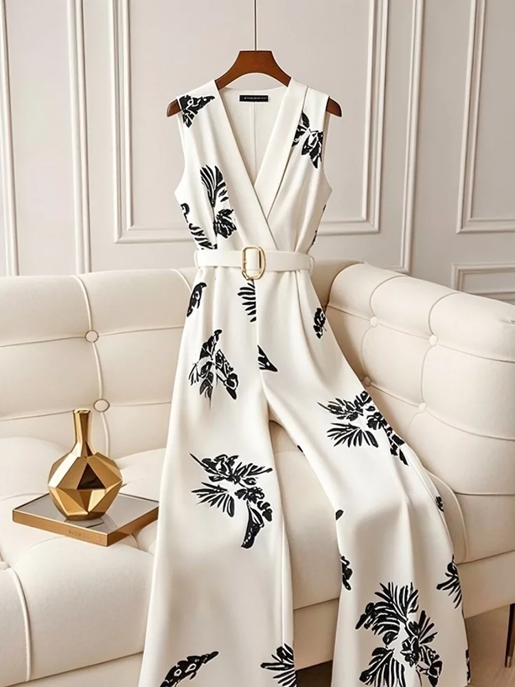 Jumpsuit Leher V Tanpa Lengan Gaya Vintage Perancis Elegan Wanita Musim Panas 2025 dengan Celana Kaki Lebar Motif Bunga Mewah Pinggang Berikat