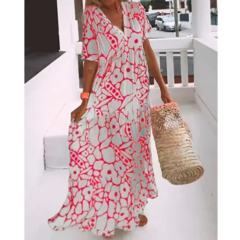 Summer Women\'s Casual Printed Dresses Fashion V-Neck Short Sleeve Floral Long Dresses Seaside Holiday Beach Sundress S-3XL