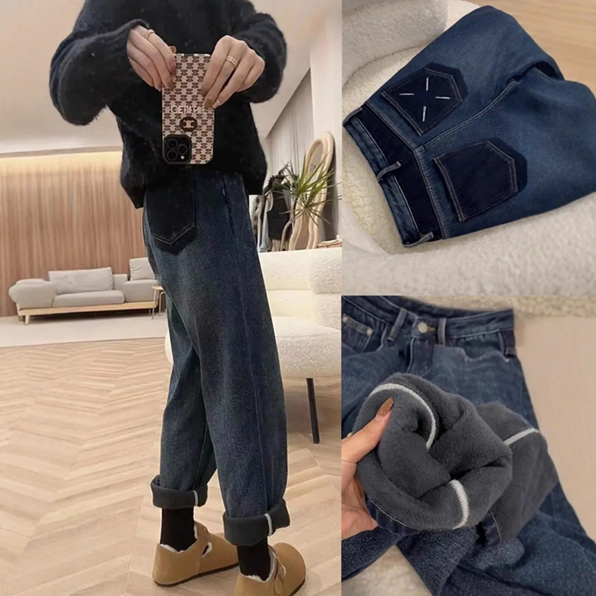 

Thickened Fleece Harlan Denim Jeans Women's Loose Casual High Waist Slim Straight Leg Pants Winter Comfortable Wide Leg Trousers