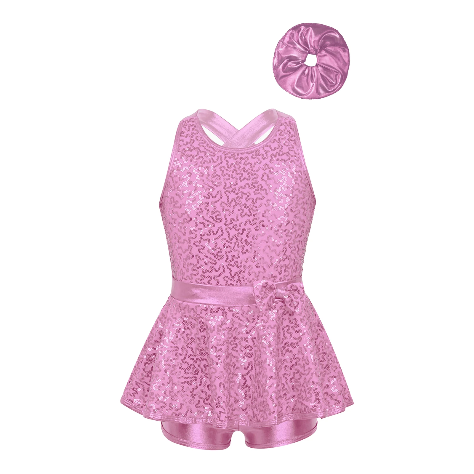 Kids Girls Jazz Leotard Sets Performance Costume Sleeveless Sequined Criss Cross Back Waist Bowknot Dance Dress with Hair Band