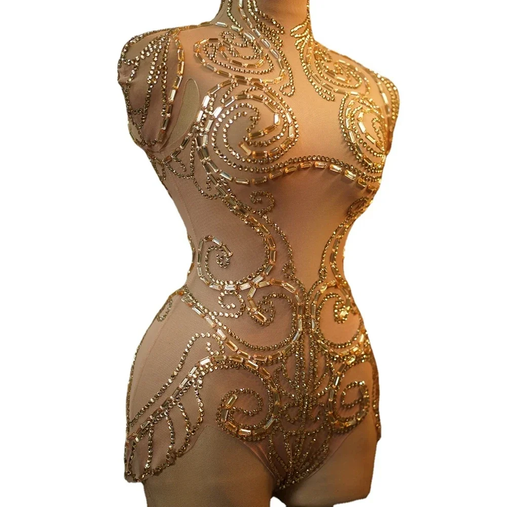 Body dorado transparente con diamantes de imitación para mujer, traje Sexy de bailarina para fiesta en club nocturno, ropa de escenario, peleles de actuación, novedad de 2024