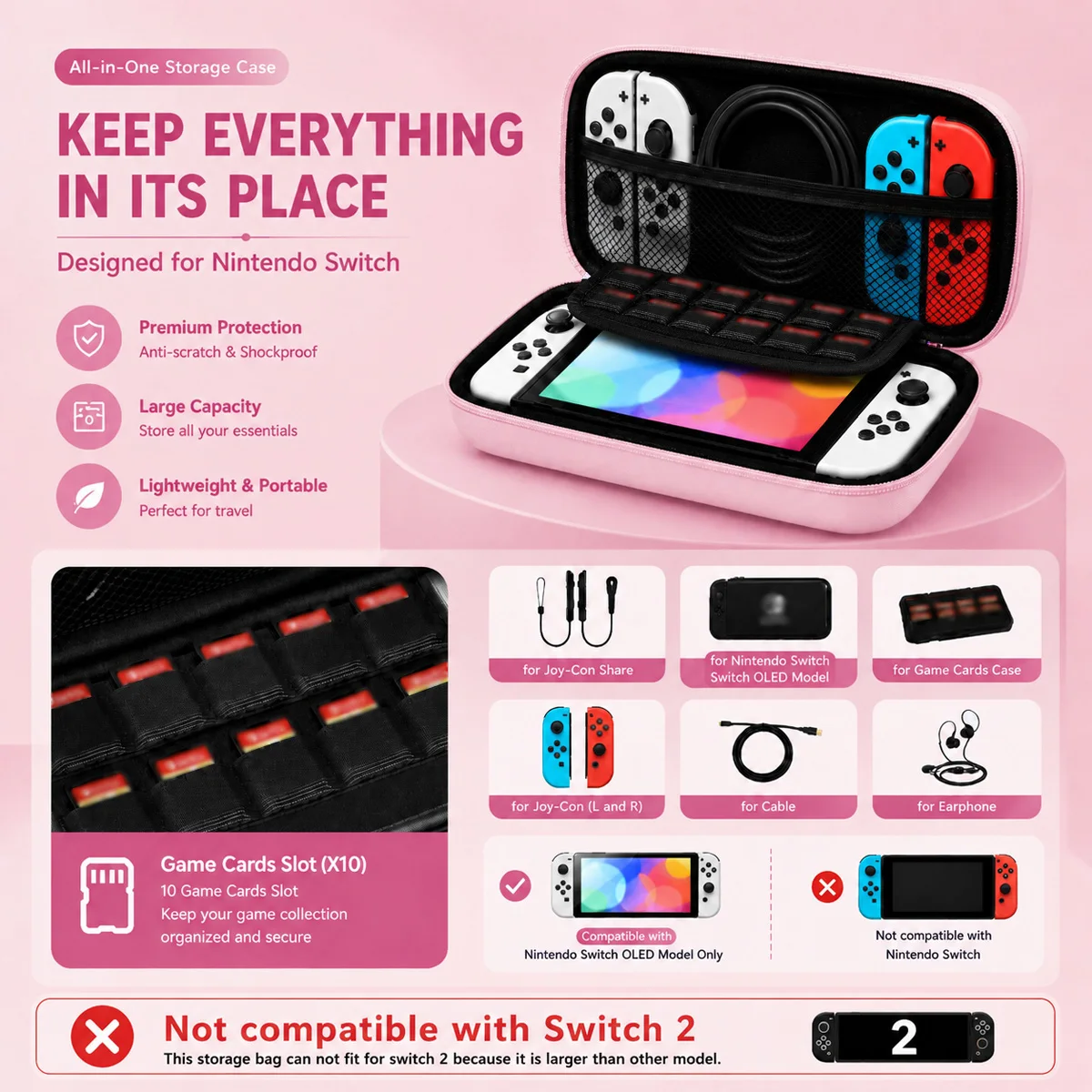 Portable Carrying Case Portable Travel Gaming Accessories Storage Bag for Nintendo Switch Lite/OLED With Mesh Pockets