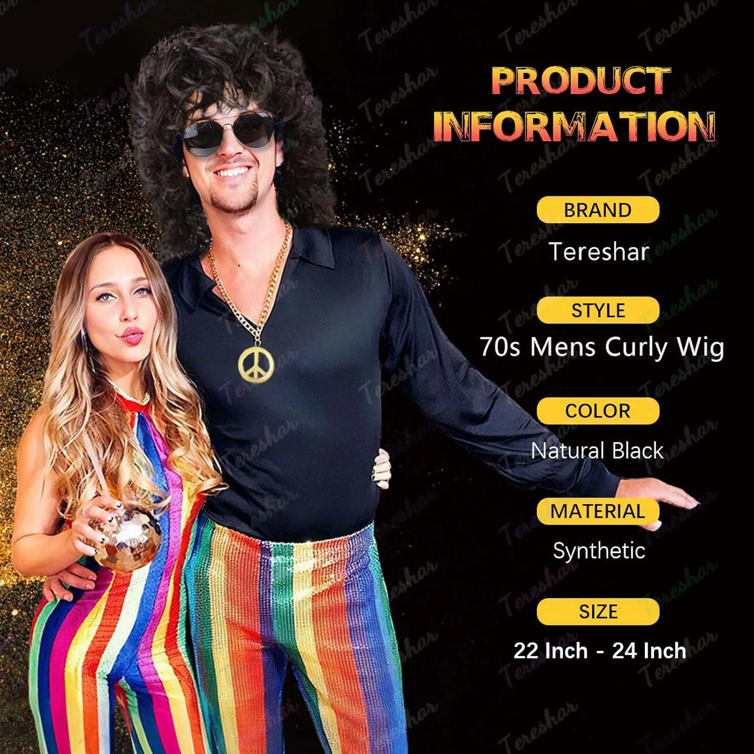 Synthetic 80s Short Jerry Curly Wig for Men with Mustache Glasses and Chain 70s Mullet Wig for Rocker Cosplay(Black,Brown Wig) image 2