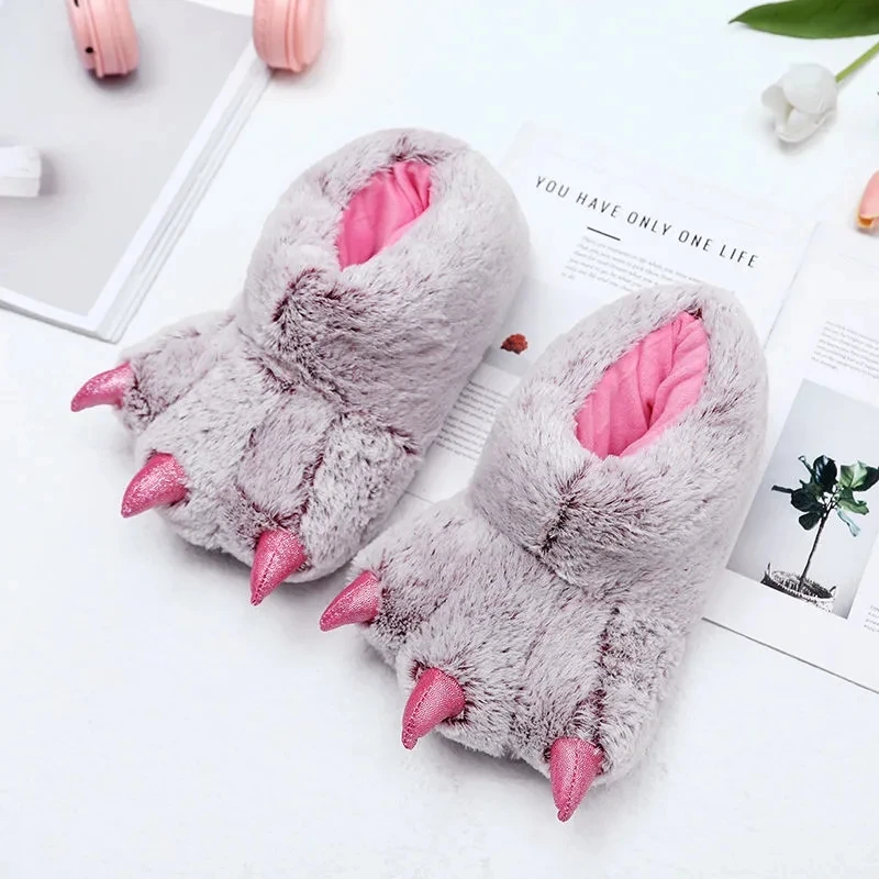 Kapcie z łapkami unisex, duży rozmiar 44, 45, buty wewnętrzne dla kobiet, ciepłe, pluszowe, designerskie kapcie, męskie, futrzane klapki