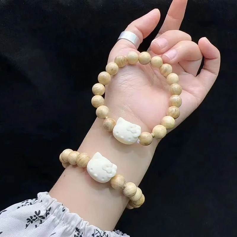 1 buah Retro perhiasan tangan Sanrio kartun lucu Hello Kitty susu wangi gelang kayu gaya Ins gadis manik-manik gelang hadiah liburan