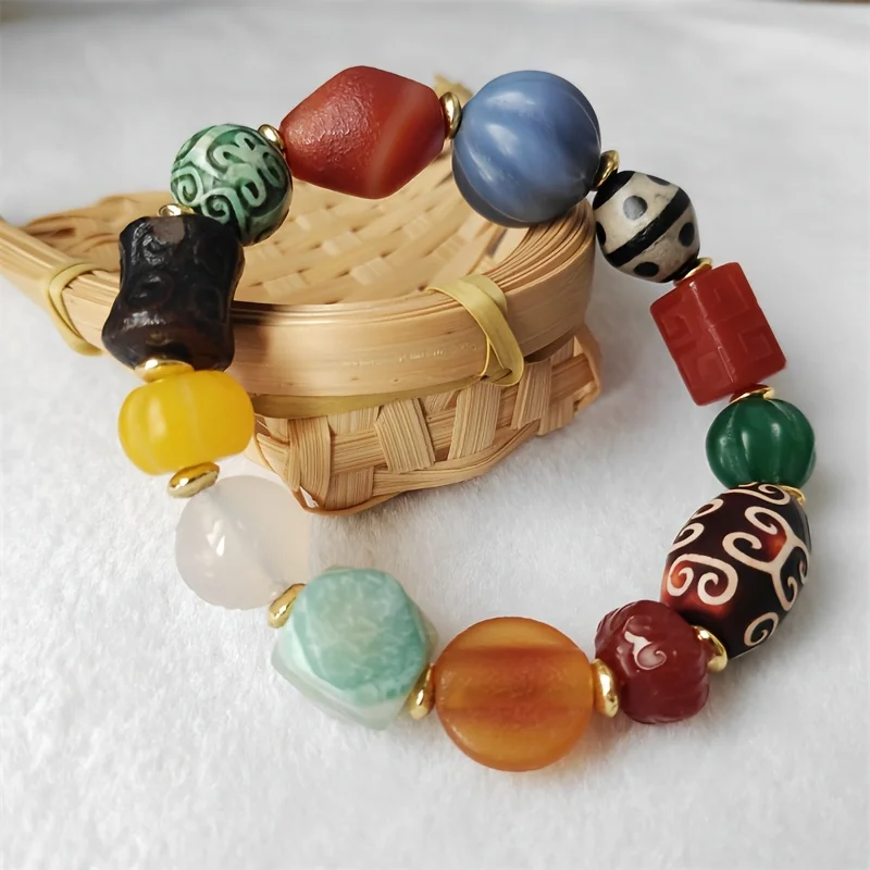 Colorful Patterned Carved Multi Precious Beads Agate Bracelet Hand Carved Sky Eye Bracelet High Oil Agate Bracelet Glass Beads
