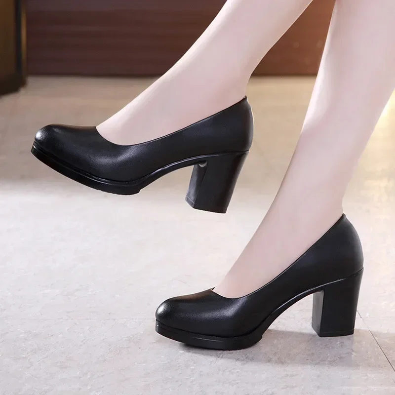 6cm Small Size 32-43 Shallow Formal Dress Shoes Women Pumps 2024 Black Med Block Heels Shoes Platform for Office Court Work Mom