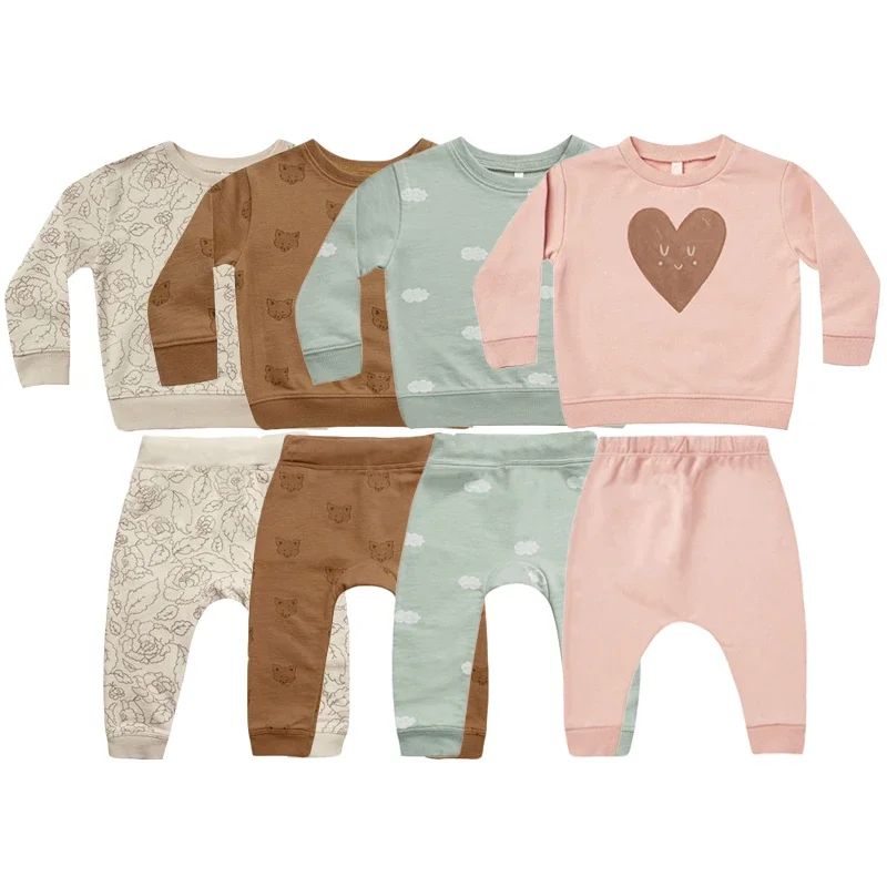 Cute Print Baby Sets Cotton Round Neck Long Sleeve Tops + Pants 2Pcs Newborn Girls Boys Clothes