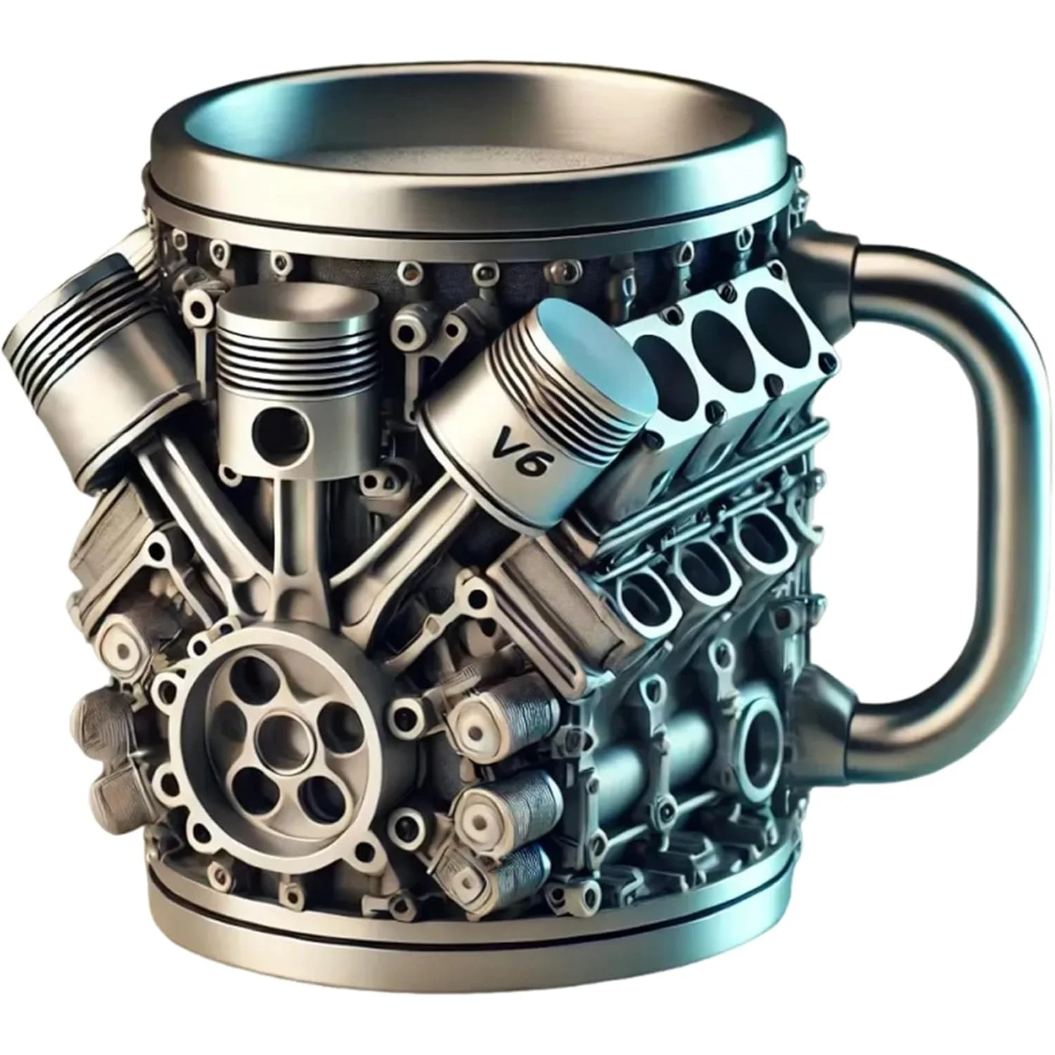 Kubek do kawy z motywem silnika V6, 300 ml, stal nierdzewna i żywica, design tłoka, prezent o tematyce motoryzacyjnej dla miłośników samochodów/mechaników, prezent na święta dla mężczyzn.
