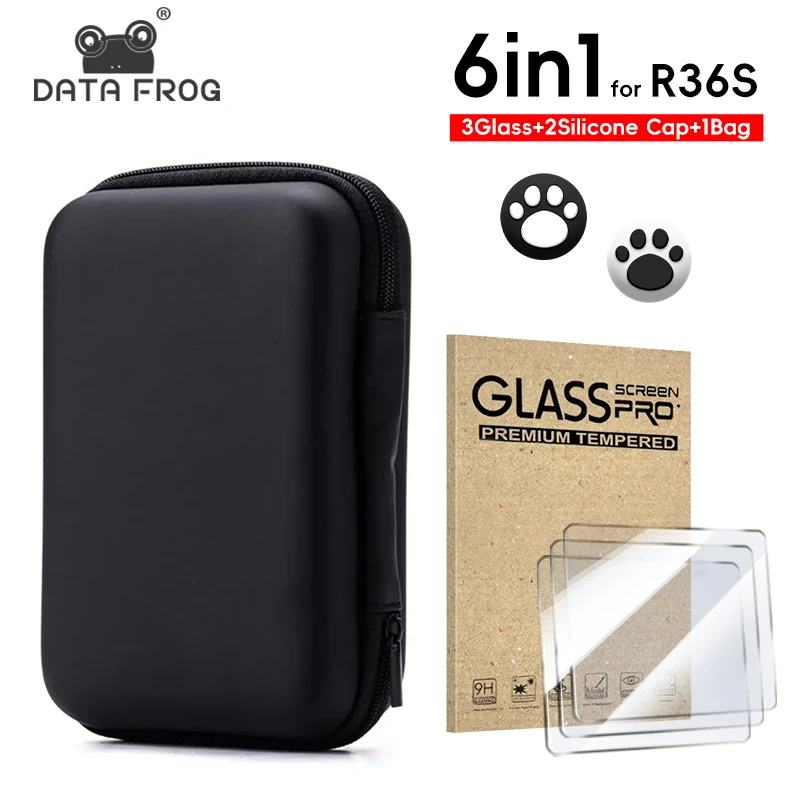 DATA FROG 6 IN 1 Glass+Bag for R36S Game Console Storage Bag & Screen Protectors Tempered Glass Film for Game Accessories