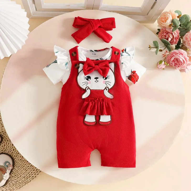 0-18 Months Baby Girl Clothing 3Piece Outfits Summer Printed Bodysuits+Cute Little Bear Suspender Trousers+Headband Newborn Set