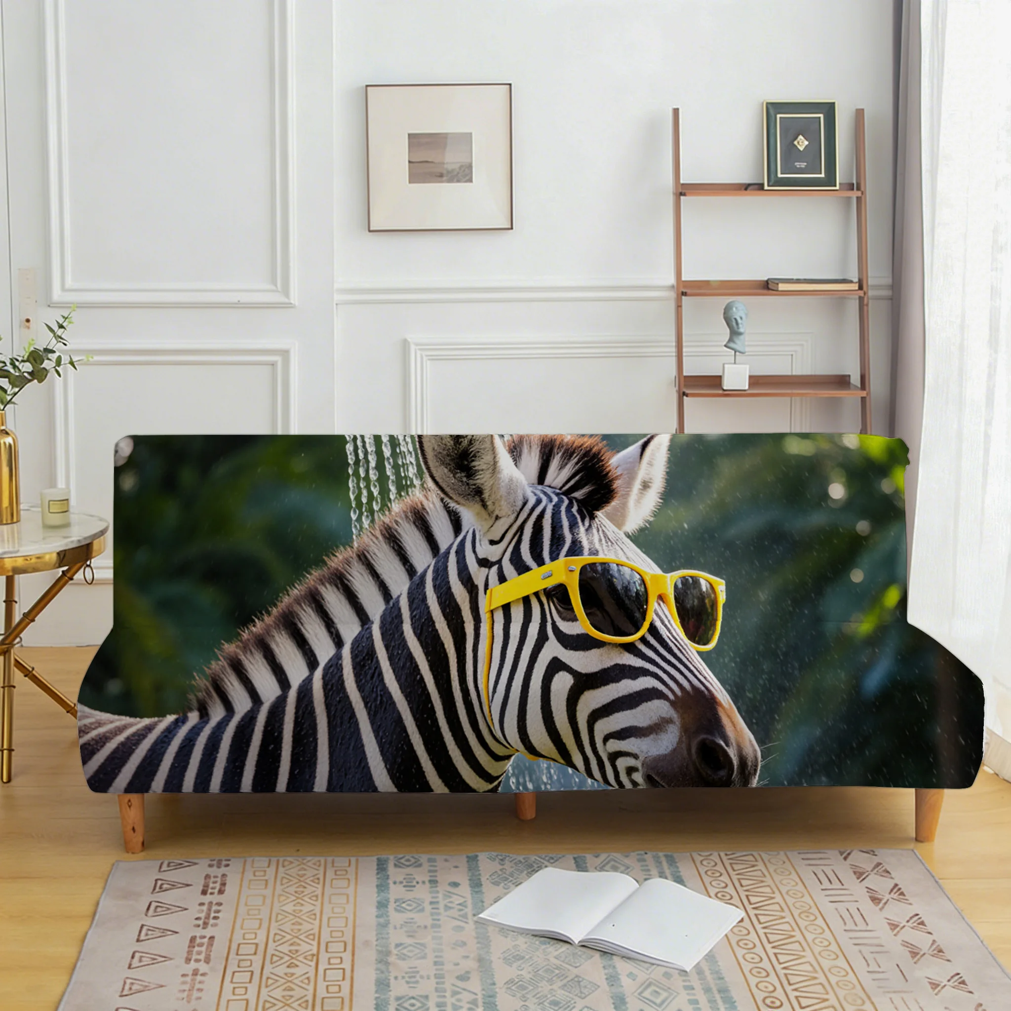 Glasses zebra printing elastic sofa bed cover, living room sofa bed cover, dustproof machine washable sofa bed cover