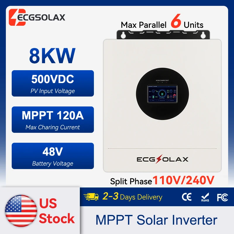 ECGSOLAX 8KW Hybrid Solar Inverter 48V 110V 240V Split Phase Pure Sine Wave Inverter With MPPT 120A Solar Charger Max PV 500VDC