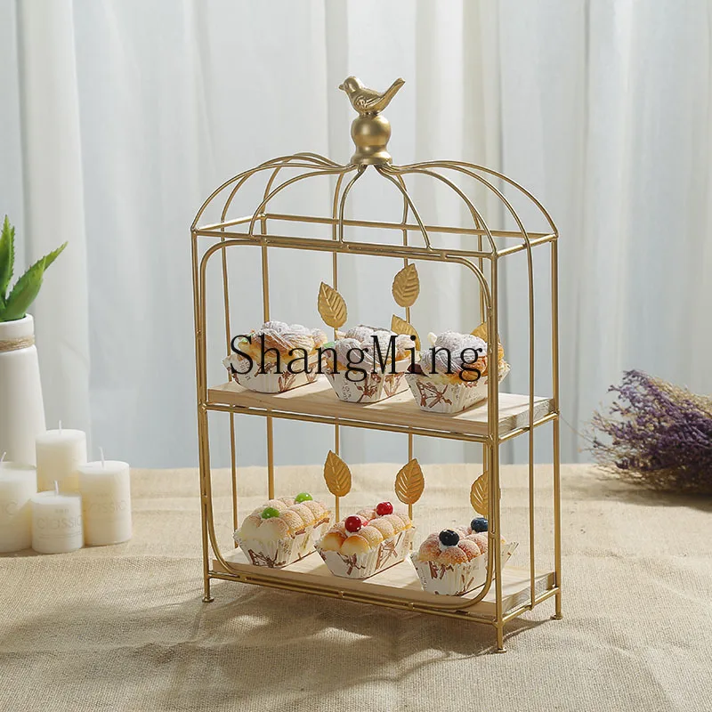 CL Double Birdcage Wooden Dessert Table Ornament Cold Plate Cake Display Rack Buffet Snack Rack Wrought Iron Cake Stand