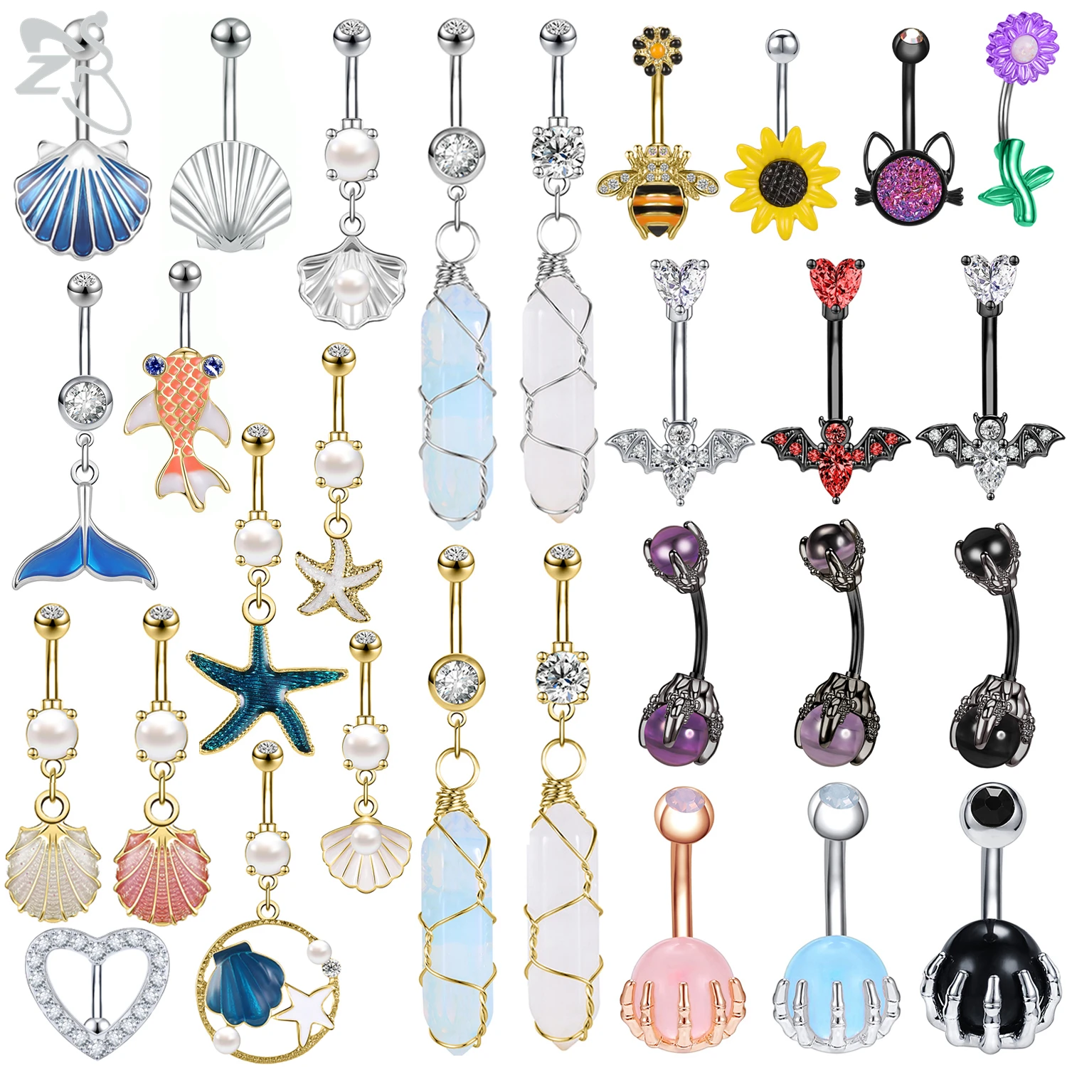 ZS 1 PC Cute Shell Pendant Belly Button Ring Moonstone Drop Belly Rings 14G Stainless Steel Summer Flower Navel Piercing Jewelry