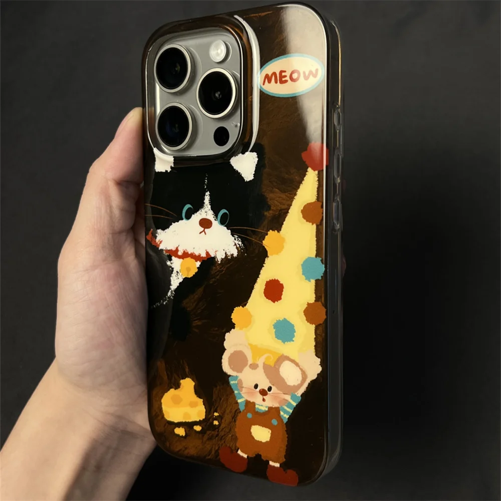 Cute Y2K Cartoon Cat Mouse Dots Phone Case For iPhone 16 15 13 14 Pro Max Lovely High Clown Hat Animal Soft Silicone Back Cover