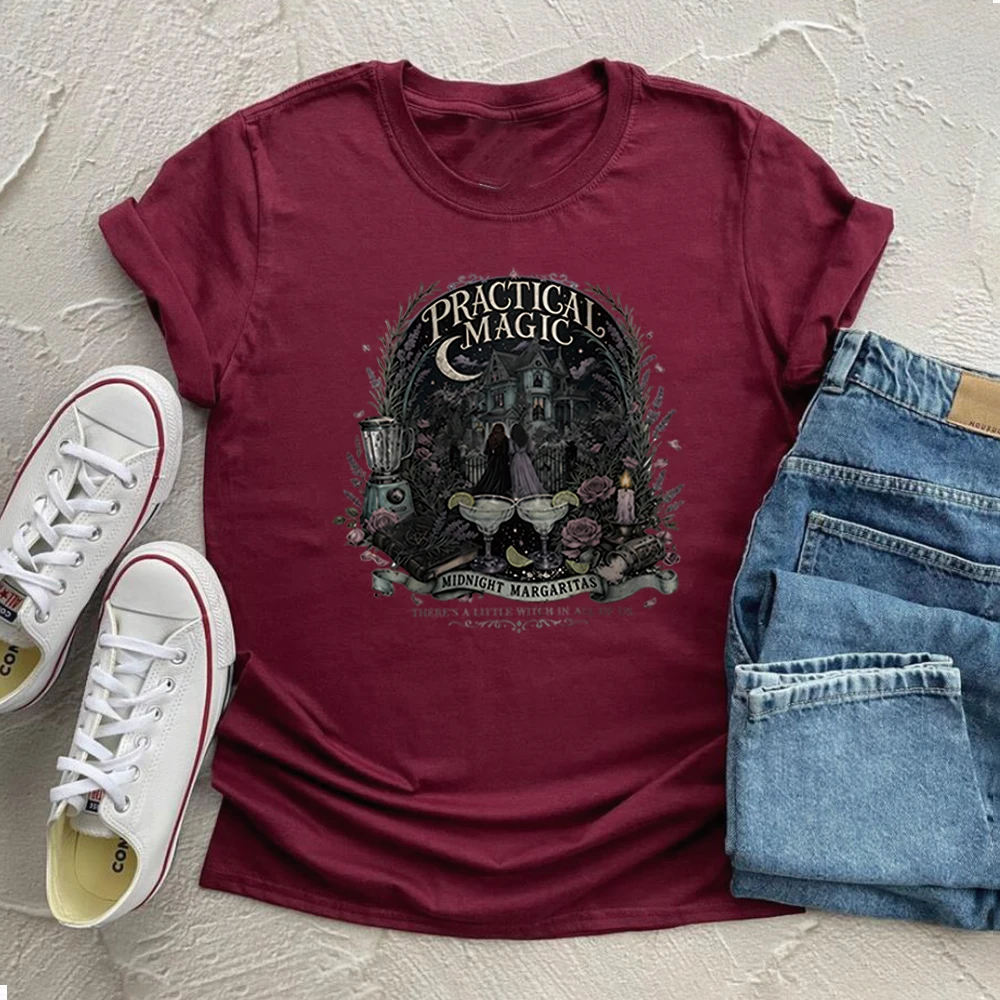 Midnight Margaritas Witchy Halloween T-shirt Practical Magic Shirt Retro Horror Tshirt Unisex Short Sleeves Tops Halloween Gift