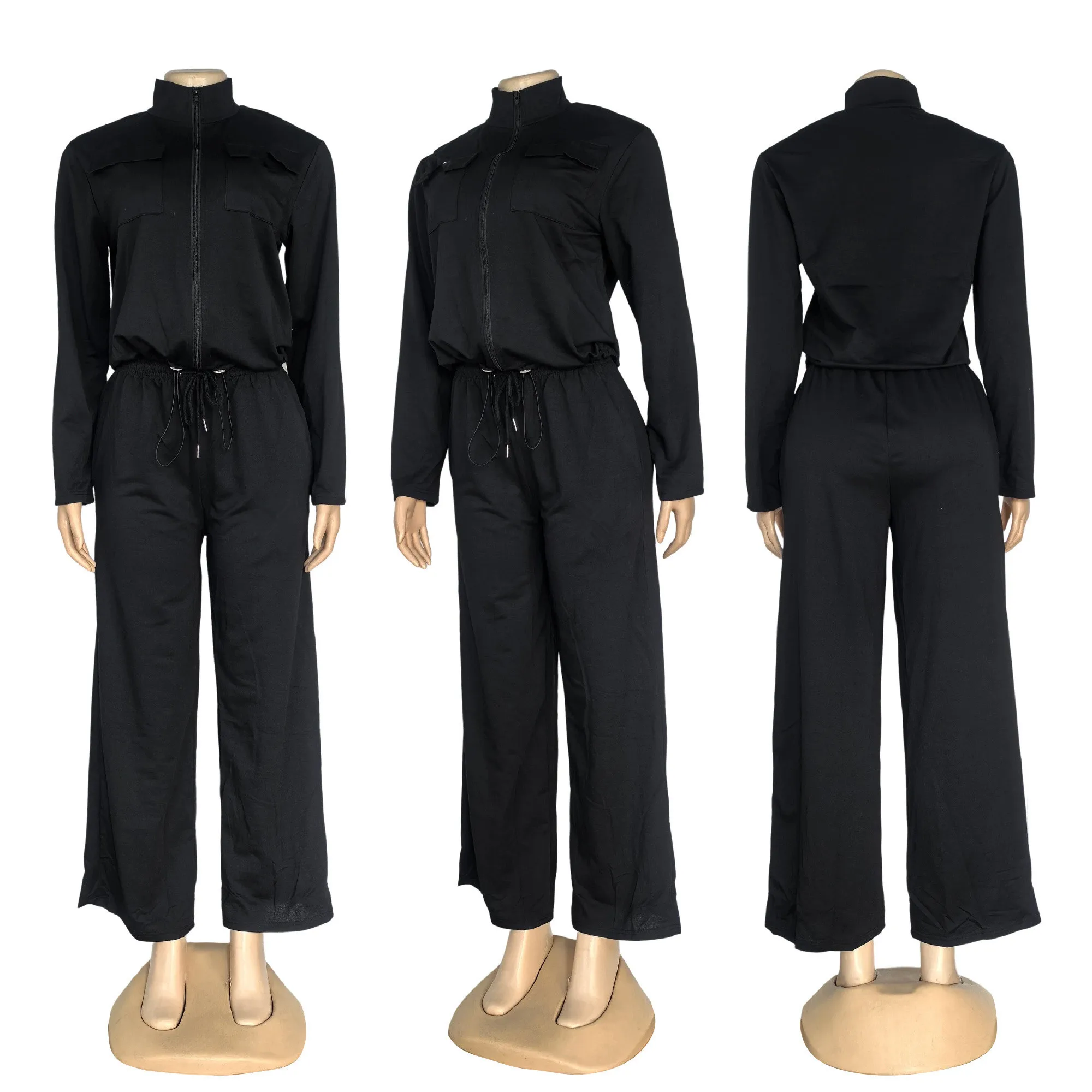 J5272 Autumn-Winter Leisure Embroidered Letter Zip-Up Hoodie Multi-Pocket Wide-Leg Pants Leisure Sports Set 4 Colors