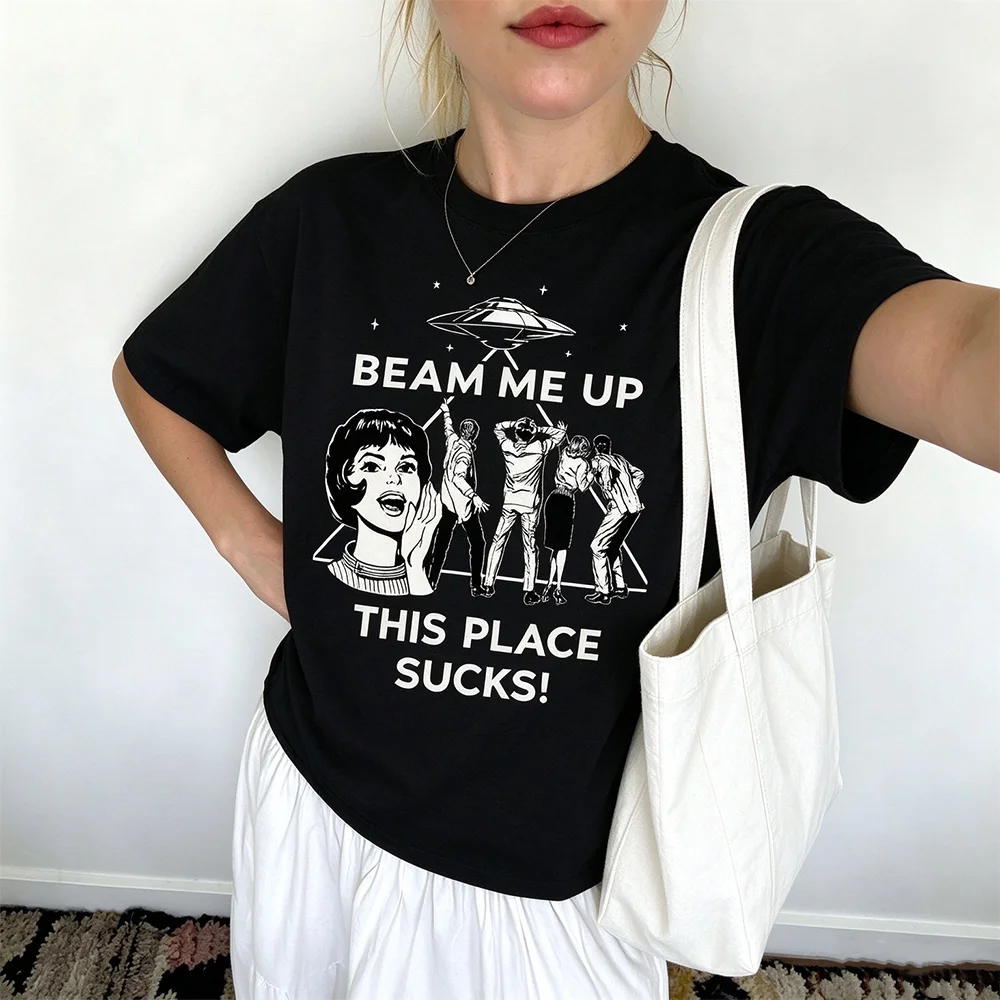 Vintage Retro UFO Alien Abduction Graphic T Shirt Unisex 50s Sci-fi Cartoon Print Short Sleeve Tee Funny Aesthetic Casual Tops
