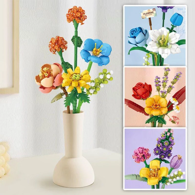 Nowy Zestaw Klocków dla Dzieci Bukiet Model 3D Zabawka Dekoracja Domu Roślina Chryzantema Róża Kwiat Klocki do Składania Zabawka dla Dziewczynki Prezent dla Dziecka