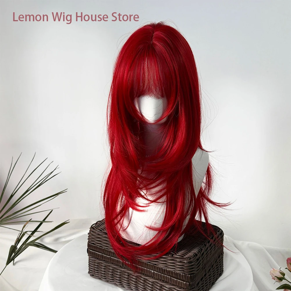 Picture 4: Red Synthetic Wig with Bangs Long Straight Hair High-Layered Wig Lolita for Women's Daily Party Cosplay Wig Heat Resistant
