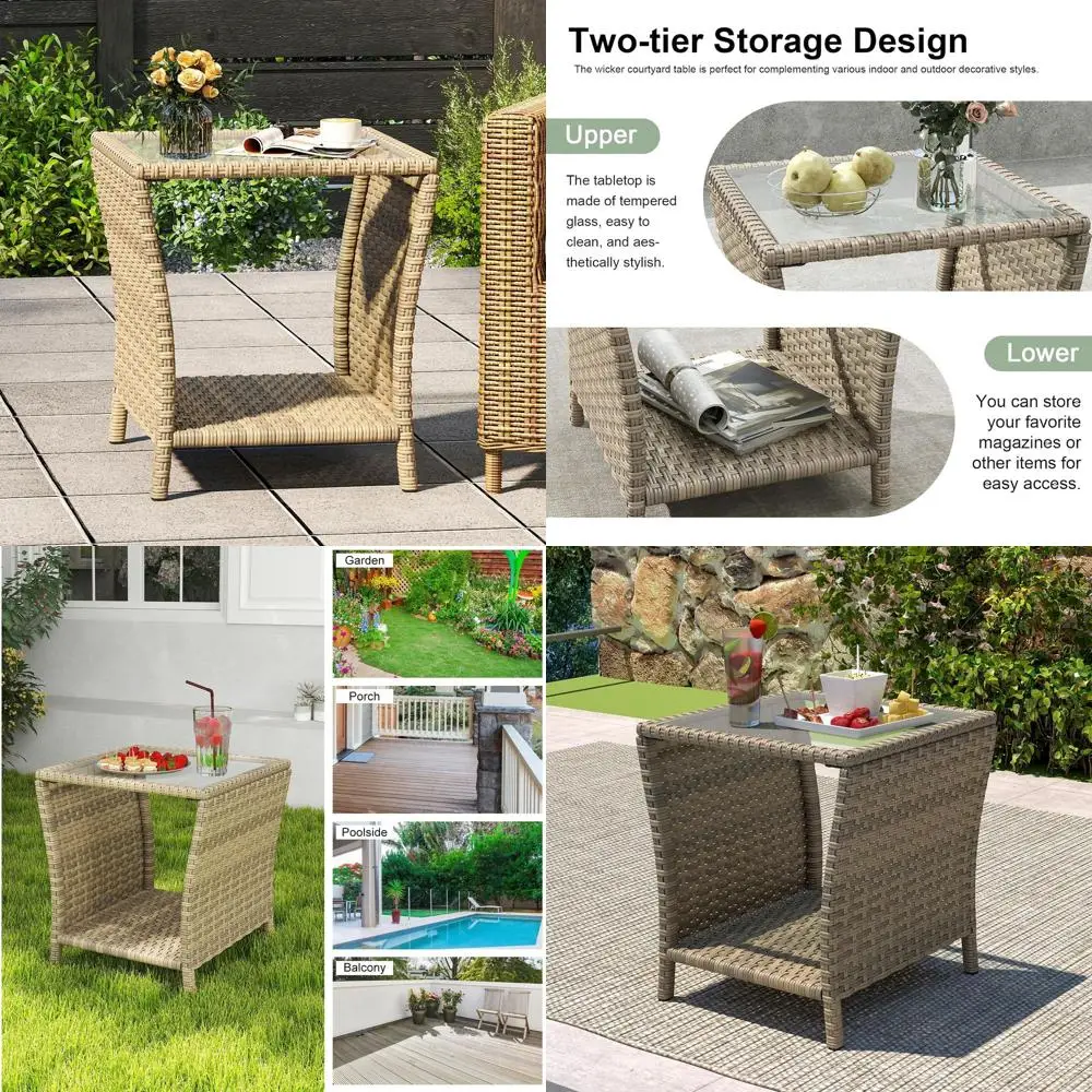 

Компактный уличный приставной столик из ротанга с закаленным стеклом и полкой для хранения для патио, балкона и веранды