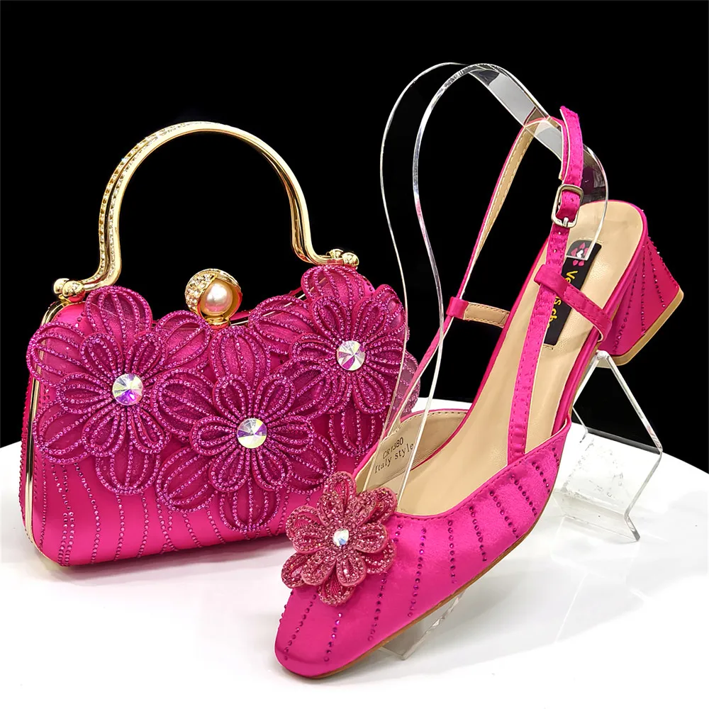 

Italian Design Fuchsia Color Fashion Special Minimalist Style Party Ladies Shoes And Bag Set Decorated With Rhinestone