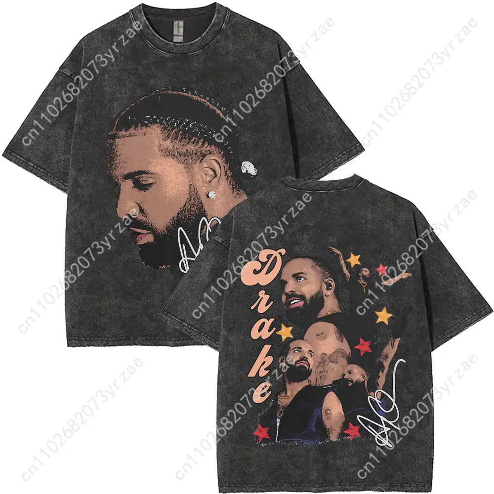 Koszulka Drake Retro Wash Męska Damska Wysokiej Jakości Vintage T-shirt Bawełniana Krótkie Rękawy Modna Koszulka Miękka Oddychająca