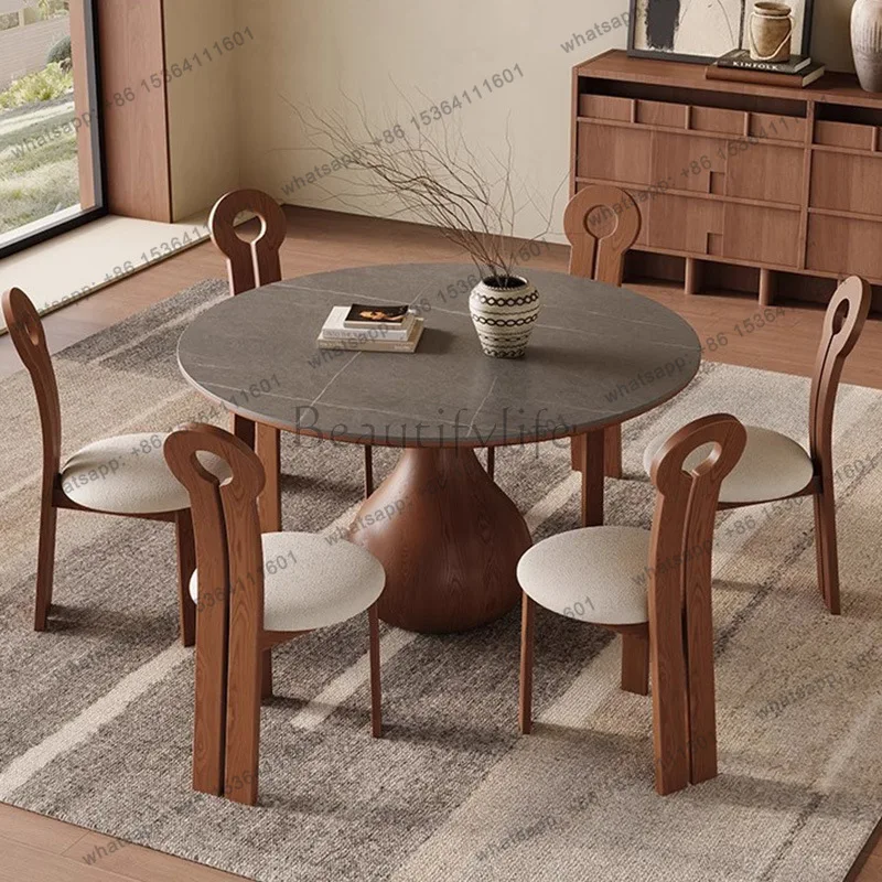 Medieval style light luxury round dining table household high-end retro matte rock slab telescopic folding square and round