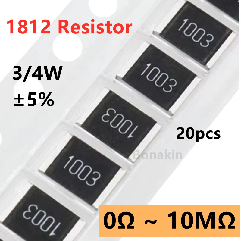 20pcs 1812 5% SMD Resistor 0R10R20R22R100R120R200R330R470R510R1K1.5K2.2K3.3K4.7K5.1K10K12K15K20K22K30K47K51K100K200K510K1MΩ ohm