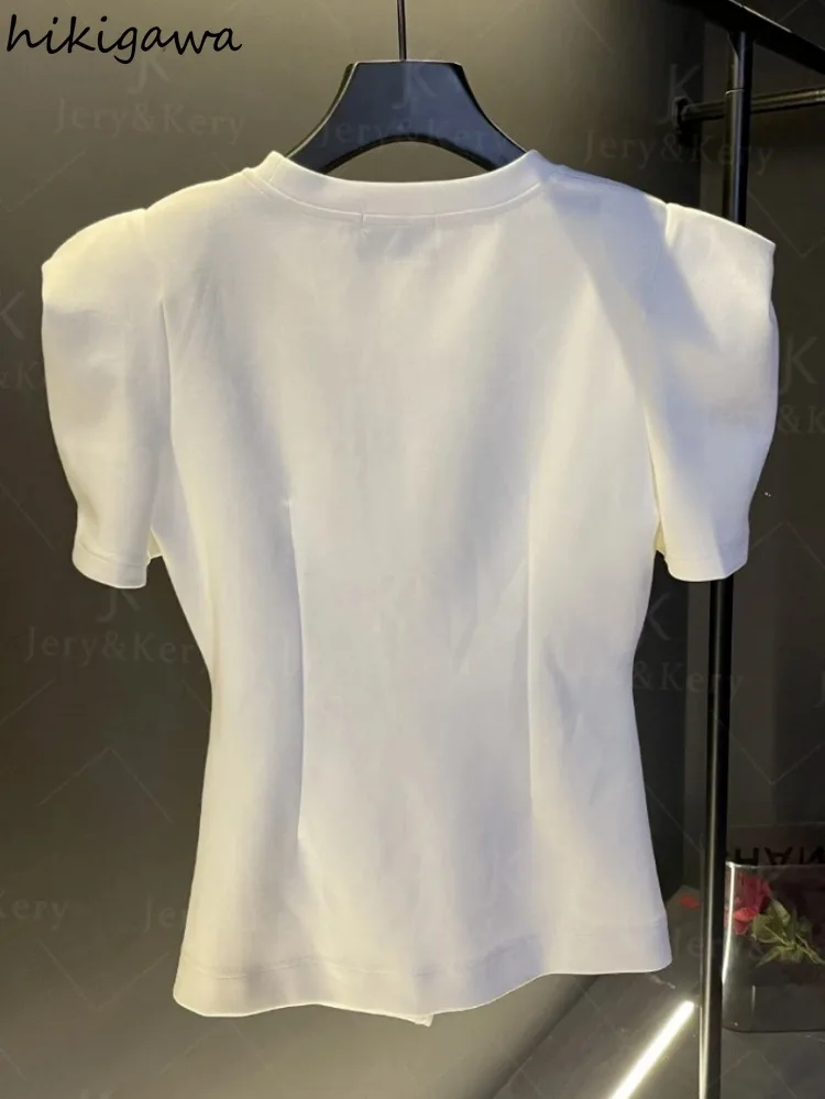 Summer Tshirts for Women Beading 3D Floral Temperament Tees O-neck Short Sleeve Slim Waist White T Shirt Split Fashion T-shirt