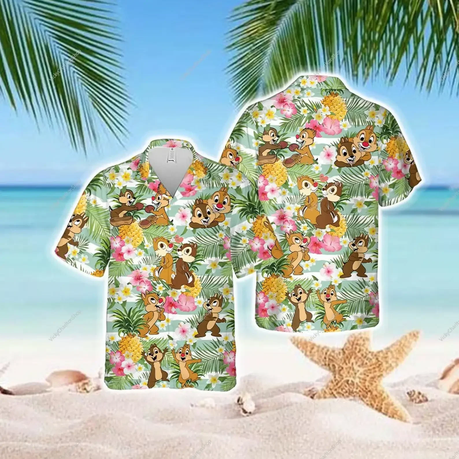 Camisa de praia de manga curta disney masculina, de botão, moda havaiana tropical, verão, disney