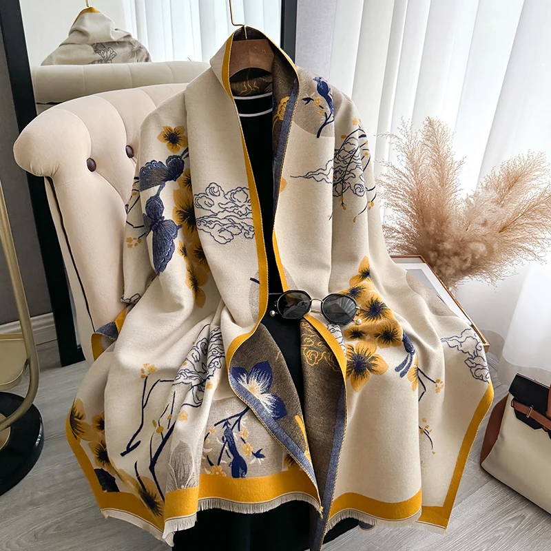 Autumn and Winter Thickened Designer Women\'s Scarf Luxury Flower Double-Sided Faux Cashmere Scarf Warm Shawl 2024 New