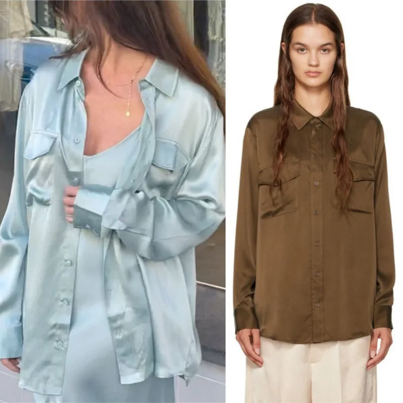 Spring Summer 19mm100% Real Silk Casual Shirts Women Double Pocket Long Sleeve Satin Shirt