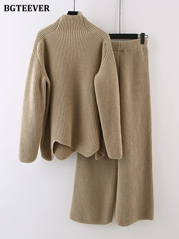 BGTEEVER Stylish Warm Loose Women Sweater Set Irregular Turtleneck Pullovers & Wide Leg Trousers Winter Ladies Knitted Outfits