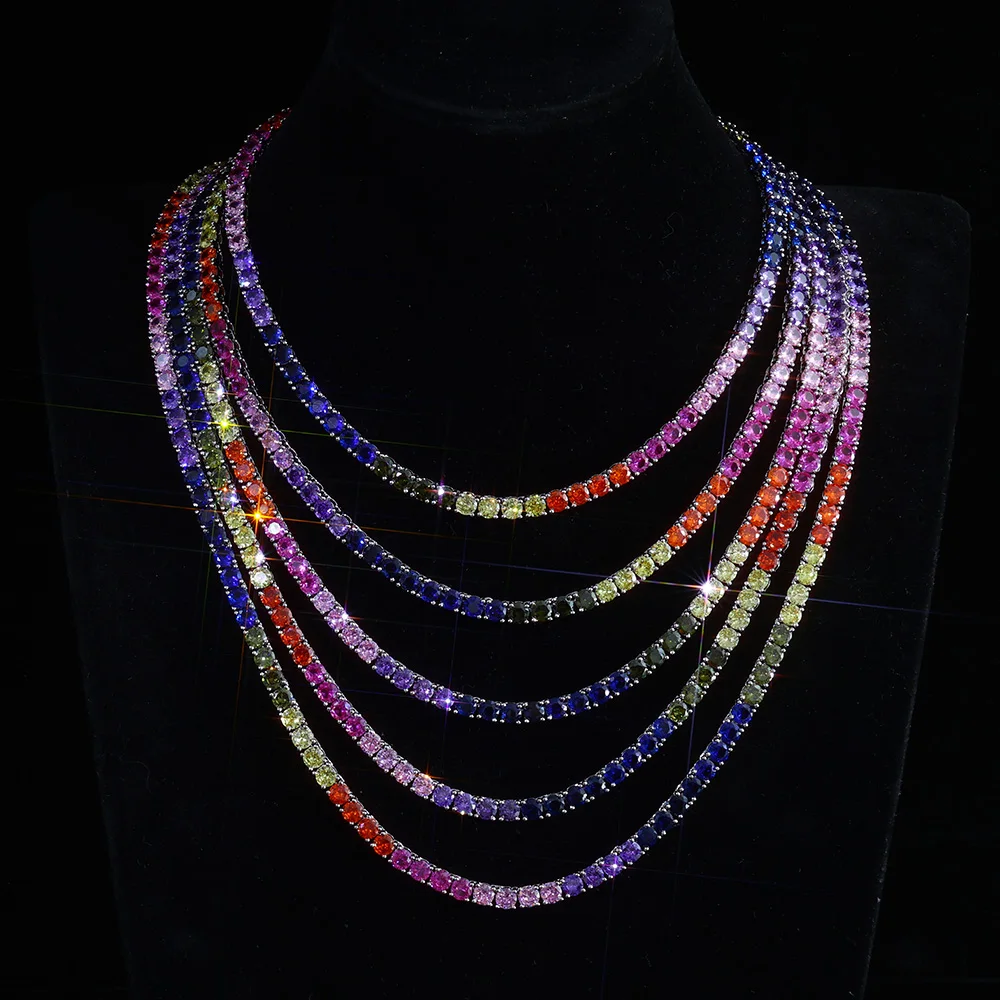 Hip Hop 5MM Iced Out Multicolored Gemstone Tennis Chain Women Luxury Men Rainbow Colorful Necklace Drop Shipping