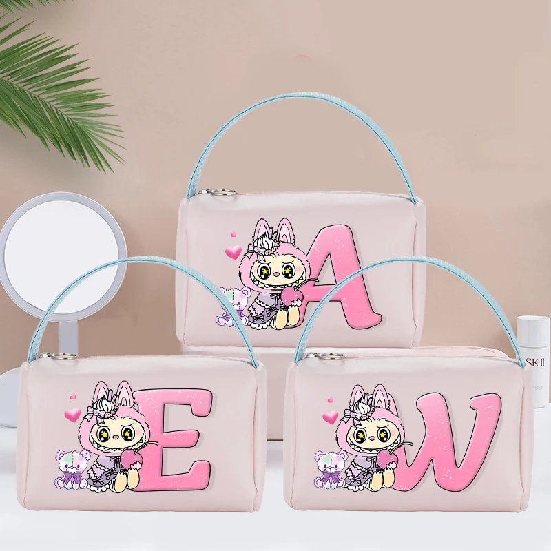 

Labubu PU Cosmetic Bag for Women Anime Fashion Makeup Pouch Students Portable Handbag Cartoon Letter Printed Make Up Bags Gifts