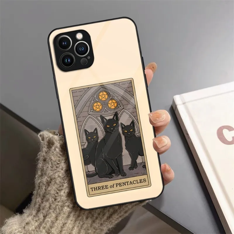 Witches Moon Tarot Mystery Totem Cat Phone Case Tempered Glass For IPhone 13 14 12 11 Pro XS Max Plus Mini X XR 8 7 6s Cover