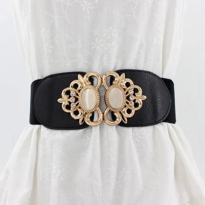 Damesmode Elastische Tailleband Mode Gordel Dubbel Opaal Ingelegd Formele Eendelige Jurk Trui Decoratieve Zwarte Riem