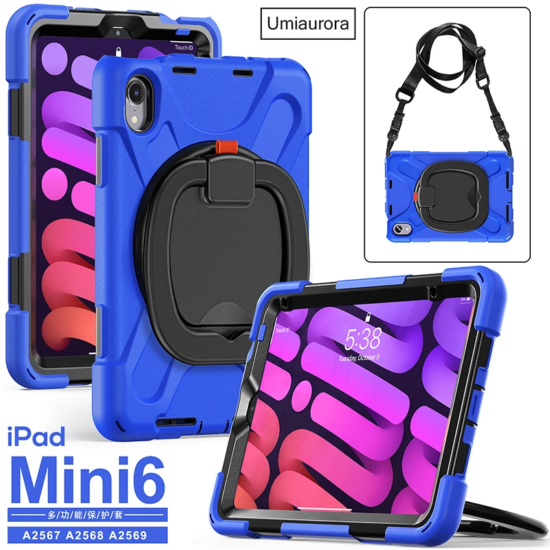 For IPad Mini6 Mini 6th Gen 8.3 inch A2567 A2568 A2569 Kids Shockproof Tablet Case Rotation Hand Ring Stand Cover Funda + Strap