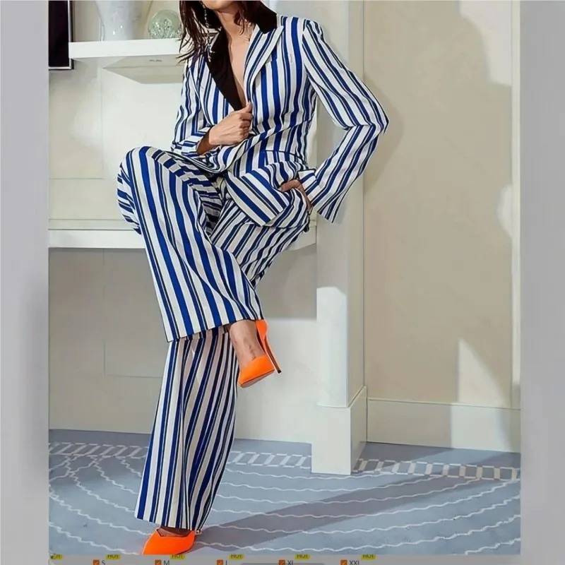 

Suit Pants Set Women's Fashion Striped Long Sleeve Blazer + Pants Set Elegant Office Work Casual Pants Suit For Women