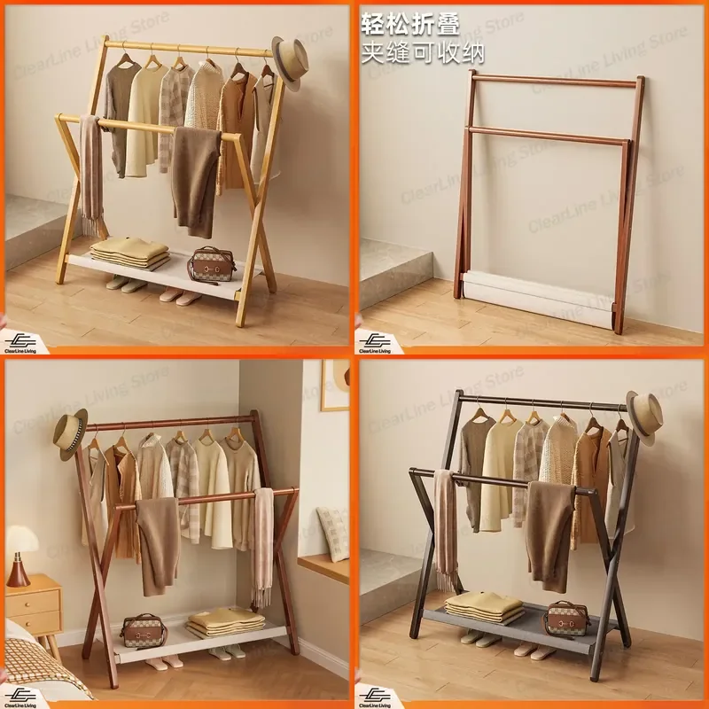 Simple Folding Coat Rack Bedroom Floor Solid Wood Drying Rack Clothes Hanger Household Storage Organizer for Garments