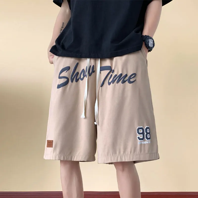 High Street Letter Printed Knee Pants American Retro Mid Waist Elastic Summer Loose Straight Men's Clothing Basic Casual Shorts
