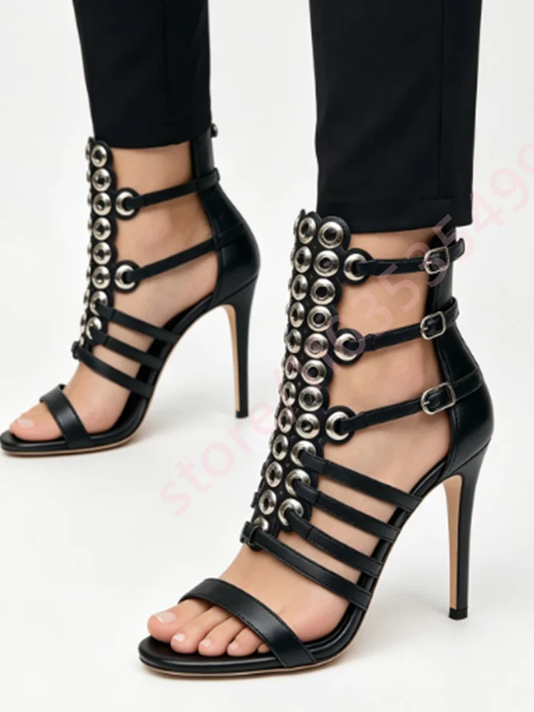 

Sexy Women Strappy Stiletto Heels 2026 Summer New Open Toe Sandals with Metal Eyelet Decor Fashion Party & Clubwear Footwear