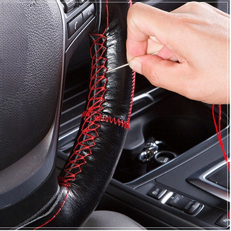 DIY Braid on the Steering Wheel Soft Genuine Leather Steering Wheel Cover 38cm Car Steering Covers With Needle and Thread