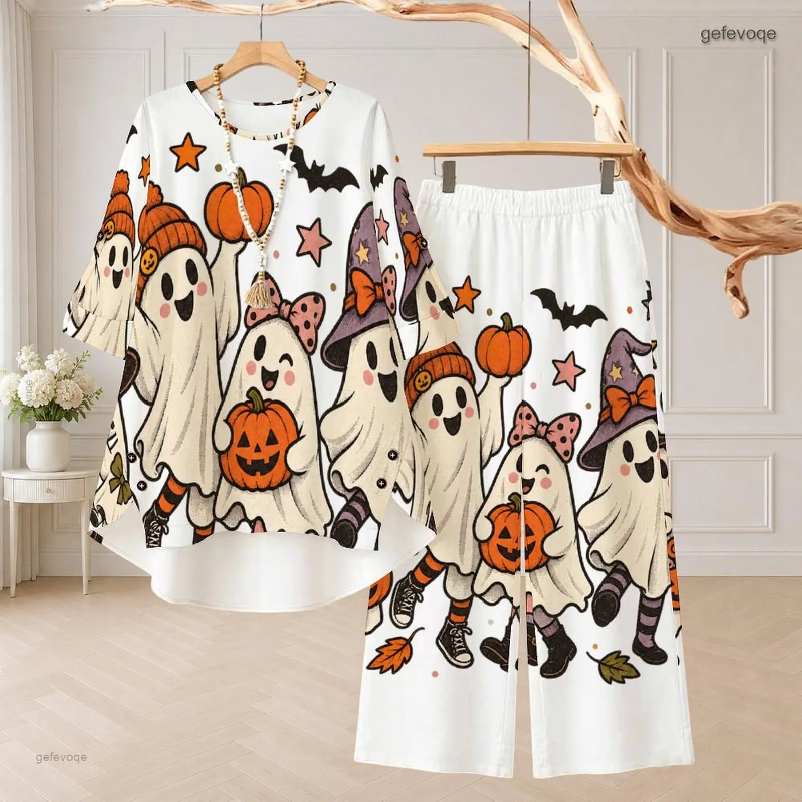 Women Cartoon Ghost Pumpkin Bat Printed Round Neck 3/4 Sleeve High Low Top Wide Leg Pants Two Piece Set