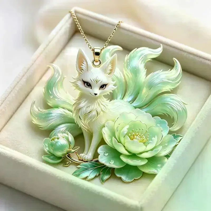 Nine Tailed Fox Pendant Necklace Peony Blossom Pendant High End Jewelry Gift For Women Luxury