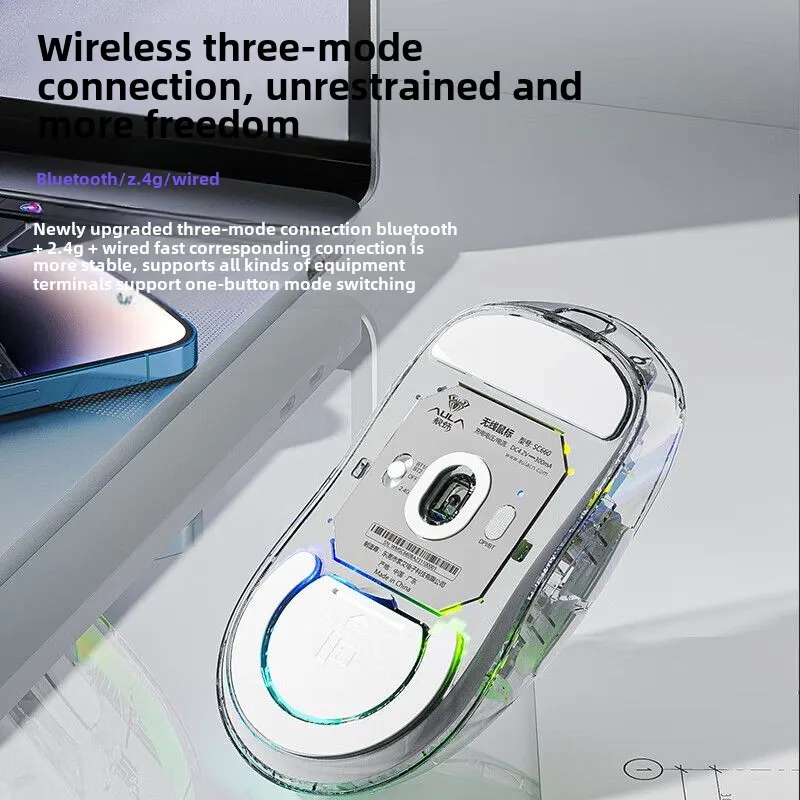 AULA SC660 ماوس بلوتوث لاسلكي شفاف اتصال ثلاثي الأوضاع خفيف الوزن قابل لإعادة الشحن 10000 ديسيبل متوحد الخواص لعبة رياضية إلكترونية #4